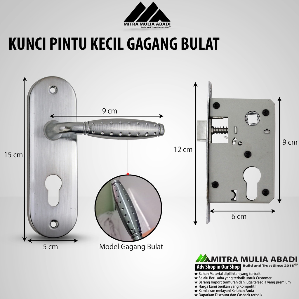 Kunci Pintu Kecil Silinder Premium l Gagang Bulat Rumah l Handle Rumah Full Set