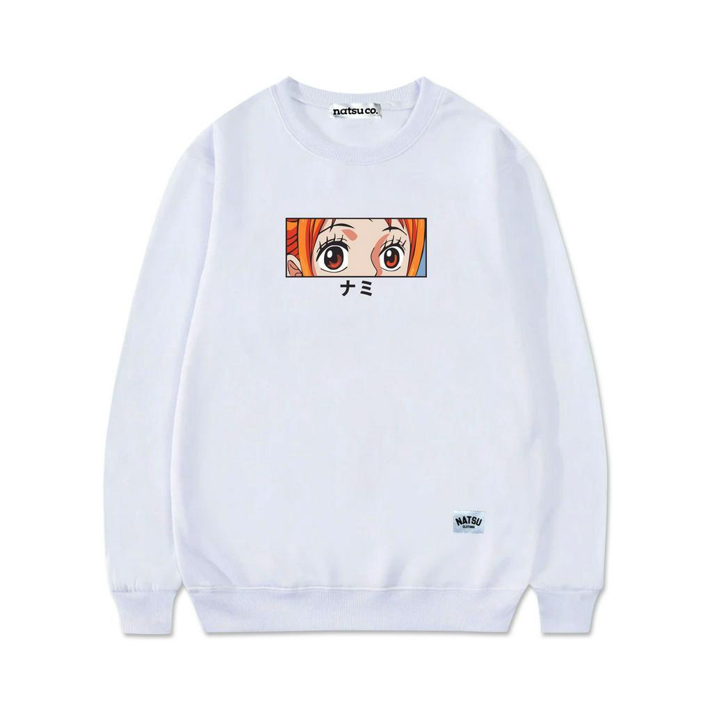 natsu.co Sweater Crewneck Pria Wanita Anime One Piece Dorobou Neko Nami White Putih