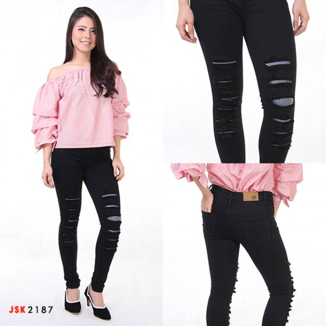 Celana Highwaist Jeans Ripped Skinny Panjang Wanita Jeans