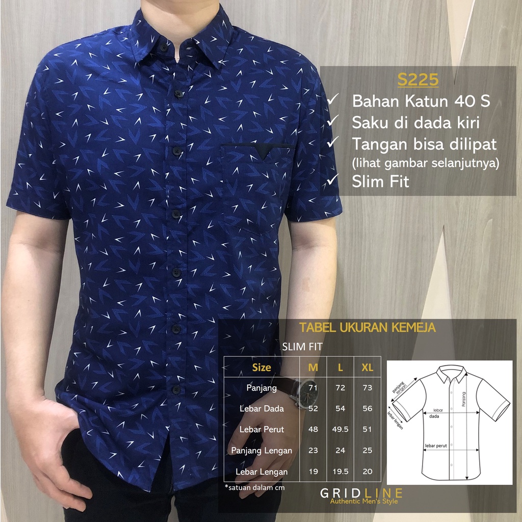 [GRIDLINE - S305 Fiber Black &amp; White - S340 Bronze Black &amp; Navy] Kemeja Print Slimfit Pria Katun Lengan Pendek Casual Best Seller M-XXL