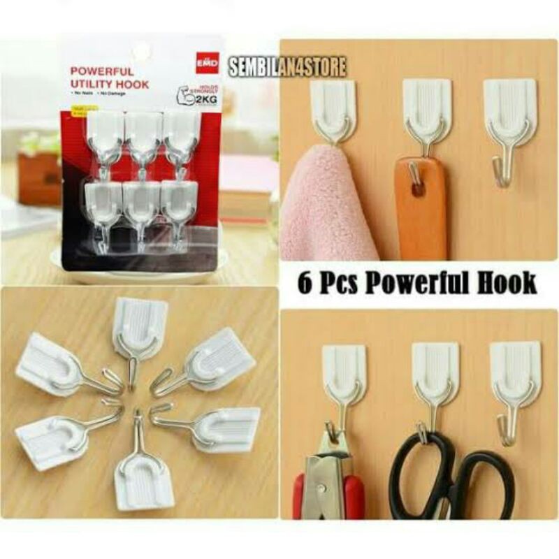 Gantungan Hook Kuat isi 6 pcs Multifungsi Cantolan Baju Tempel Dinding - Gantungan Hook