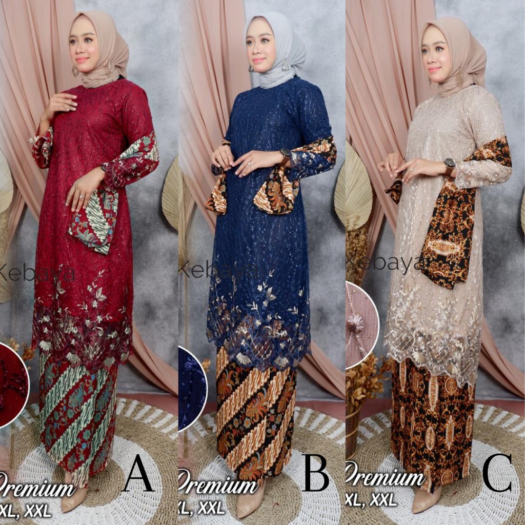 Setelan Kebaya Tunik Selendang Bahan Tulle Premium