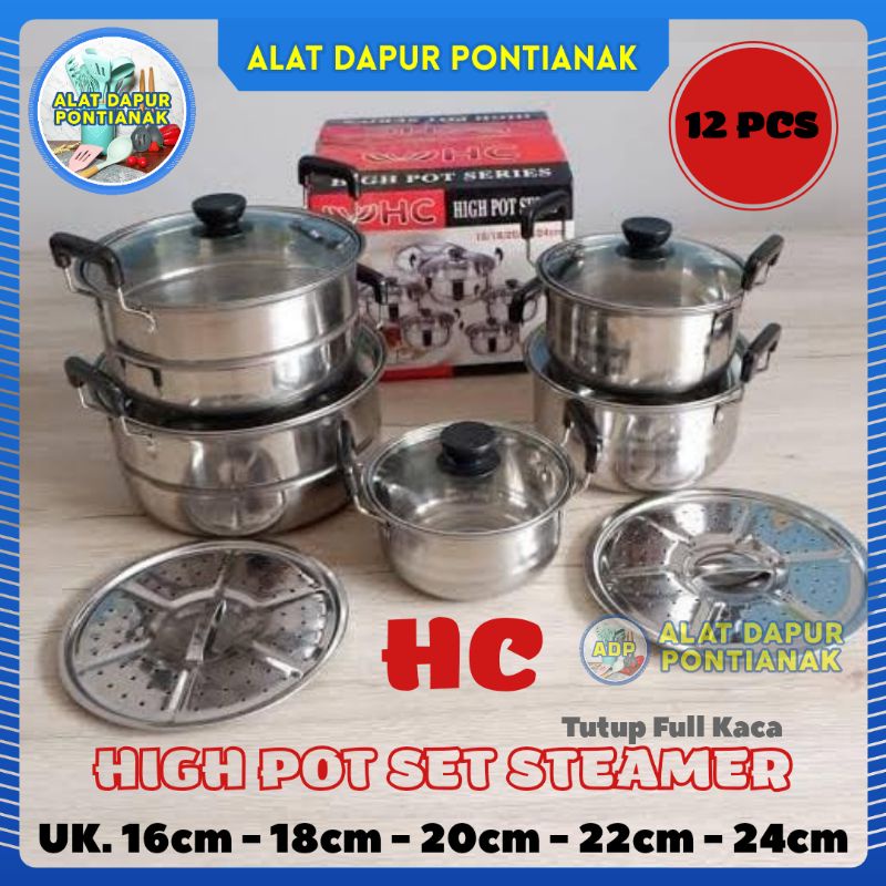 HC Panci Set HIGHPOT Steamer HappyCall 11pcs High Pot 11 PCS Stainless Steel Tutup Kaca Happy Call