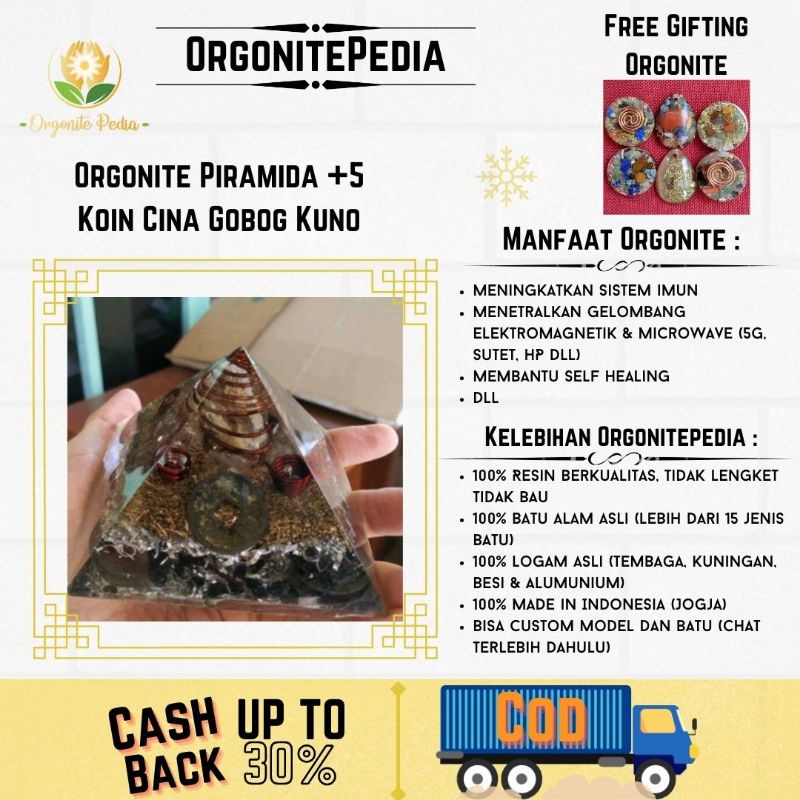 Orgonite Orgonit Orgone Piramida 5 Koin Cina Kuno Citrine Amethyst Tourmaline 9-10 Cm  Emf Protectio