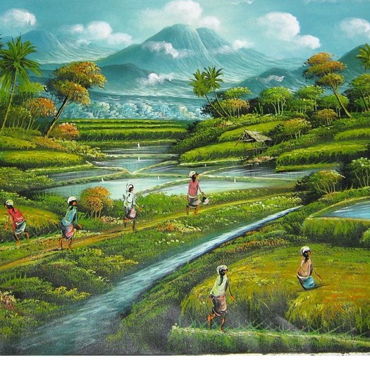 Lukisan Panen Padi dan Pemandangan Terasering Suasana Pedesaan Ubud Bali yang sangat Indah