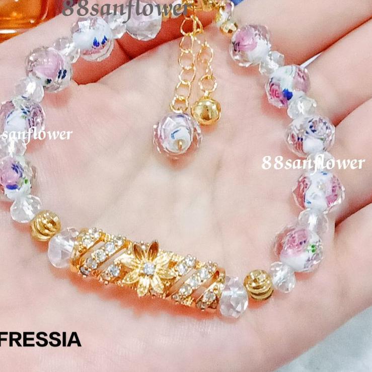 Model Terbatas Gelang Kristal Berukir Mawar MEWAH Charm Pipa Emas