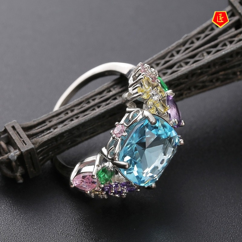 [Ready Stock]Colorful Gemstone Square Ring Sweet and Elegant
