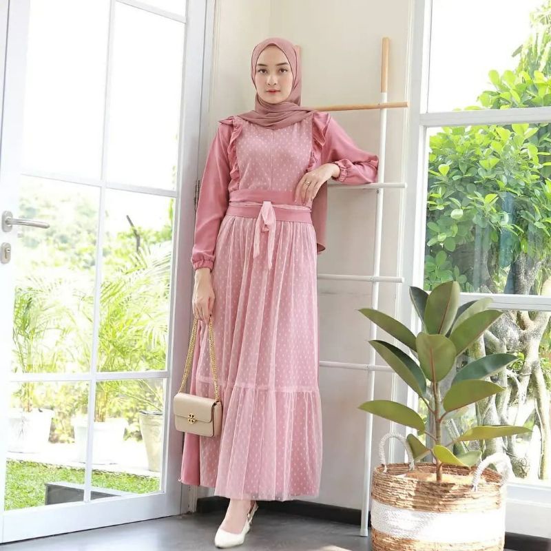 Amor Dress Maxi M L XL XXL Dress Pesta Wanita Busui Dewasa Tile Dot Modern Gamis Kondangan Perempuan