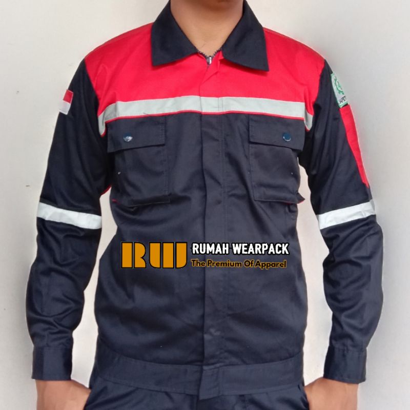 Baju Kerja/ Wearpack Proyek/ Seragam Kerja Atasan Navy Kombinasi Merah