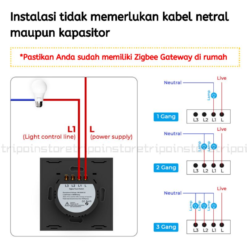 ZIGBEE Smart Switch 1 / 2 / 3 Gang - Saklar Pintar - Tanpa/No Netral