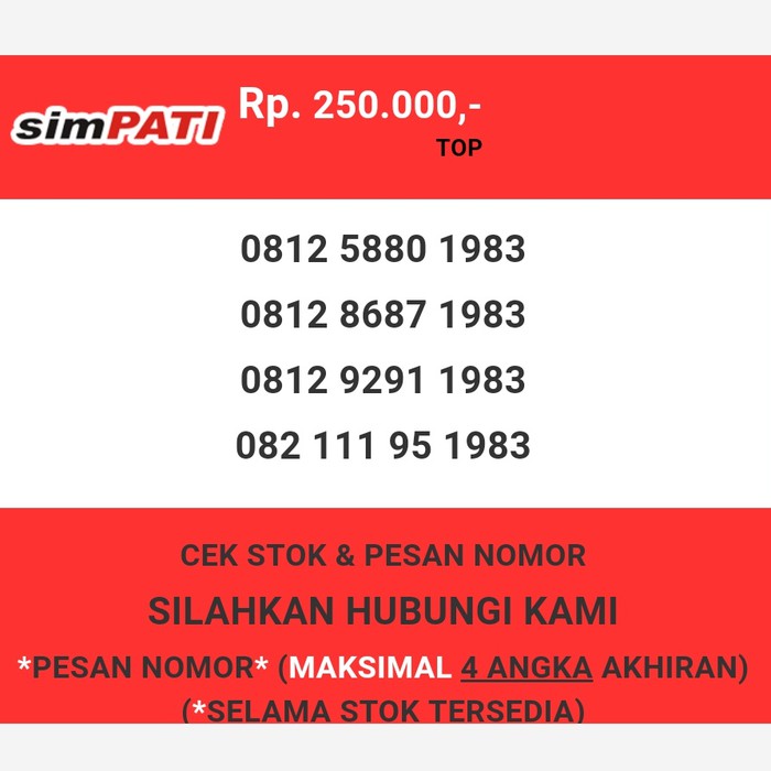 Nomor cantik Telkomsel murah tahun lahir 1983 simpati & loop T0888-250