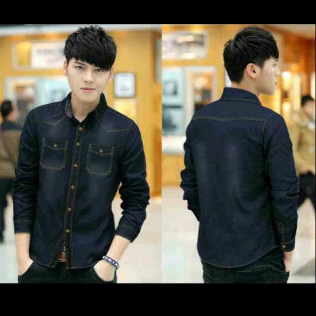 Baju Atasan/Kemeja/Hem Pria/Cowok/Laki-Laki Jeans Wash Lengan Panjang Bagus Casual/Formal