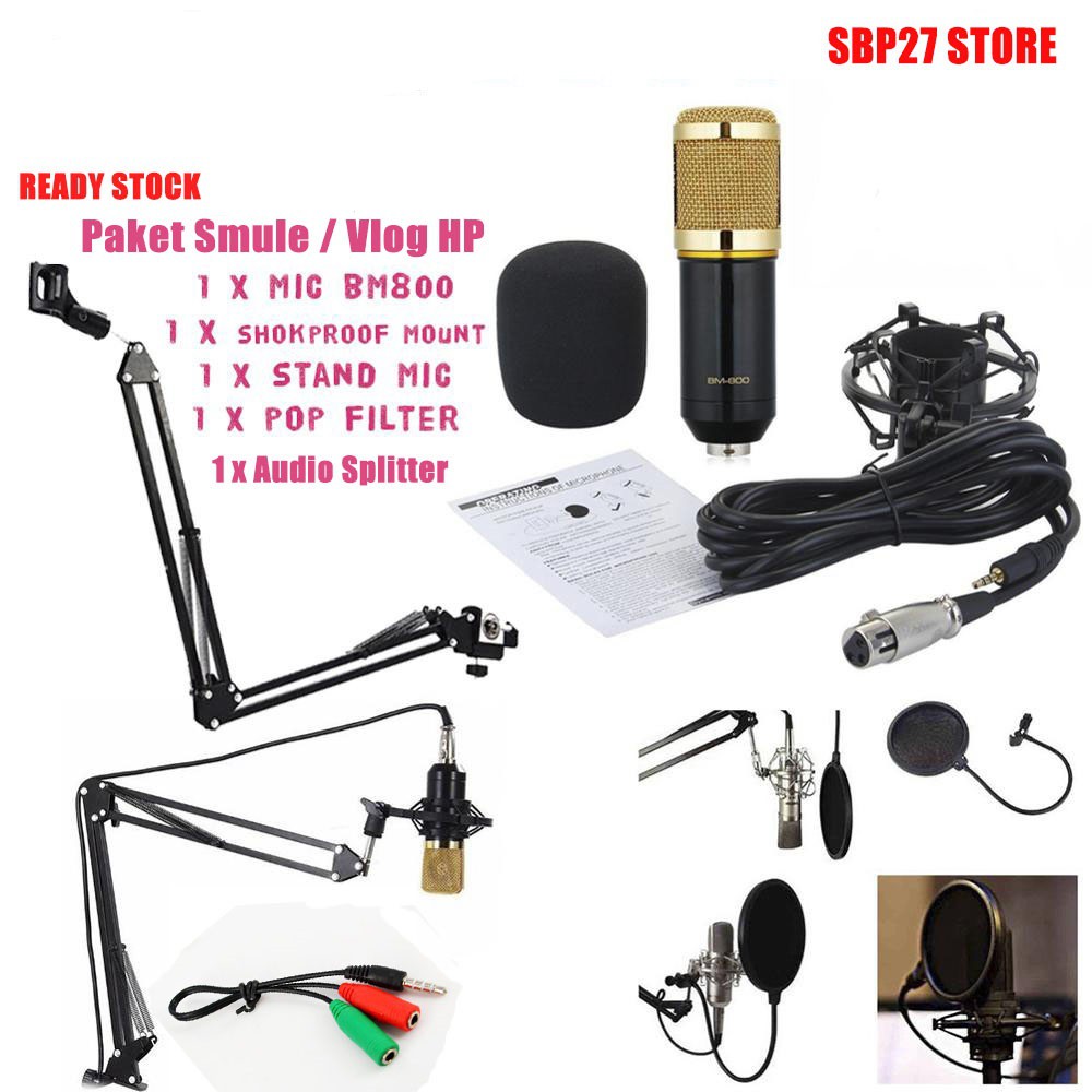 Paket Smule Youtuber Home Karaoke Mic Stand Pop Filter Splitter Rekaman Recording Studio Vlog Live