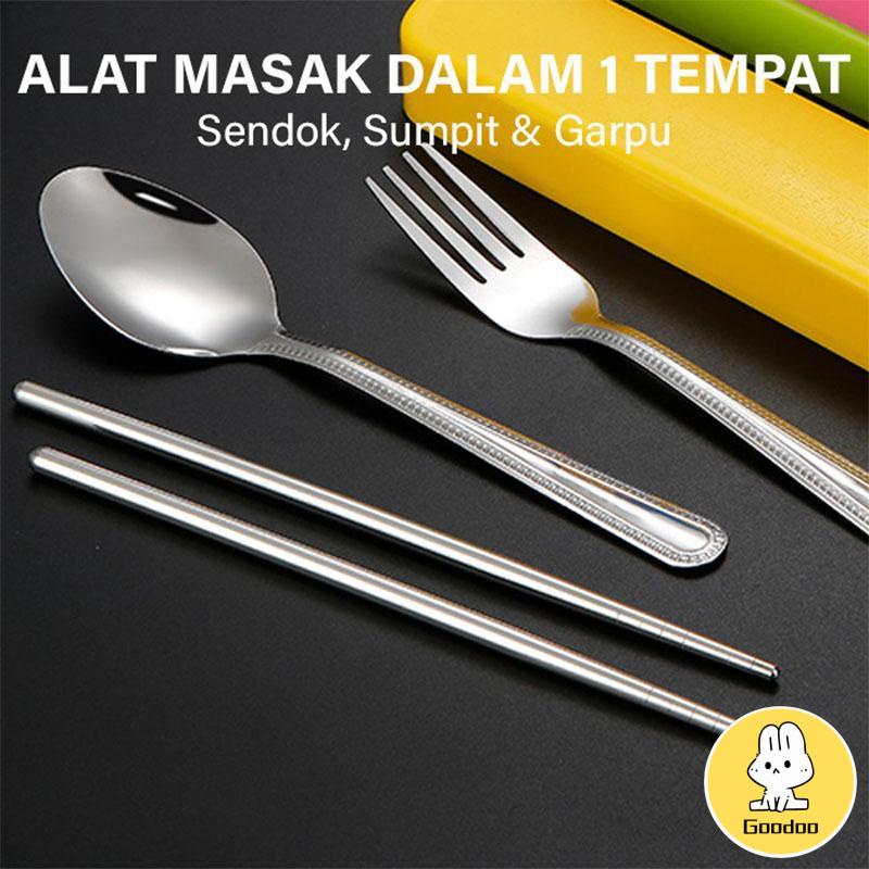 4PCS/ set Alat Makan Travel Korea Sumpit Portable Sendok Garpu Sumpit Stainless Steel 410 Include Kotak -Doo