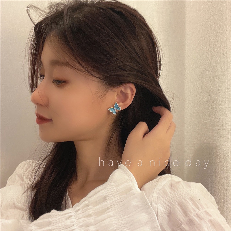 Anting Kupu-Kupu Biru Vintage Untuk Wanita Aksesoris Telinga Korea