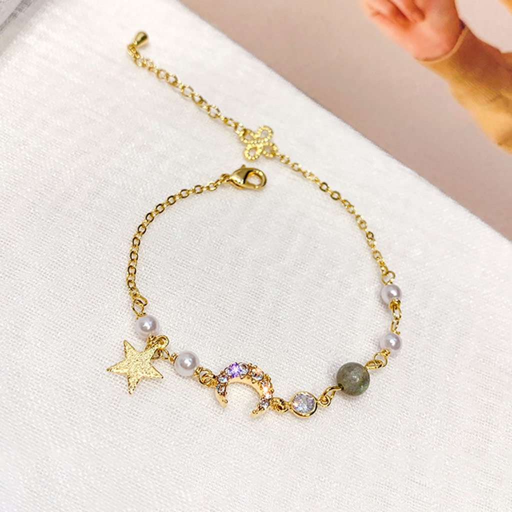 Hu Hu Hu Hu Hu Alat Bantu Pasang Kacamata♡ Gelang Rantai Tipis Adjustable Dengan Charm Bintang + Bulan + Mutiara Imitasi Untuk Pasangan