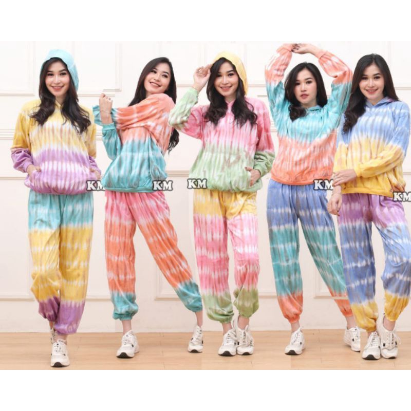 Setelan CP Sweater Hoodie Tiedye Set Celana Joger One Set Tiedye Fashion Baju Wanita Kekinian-1