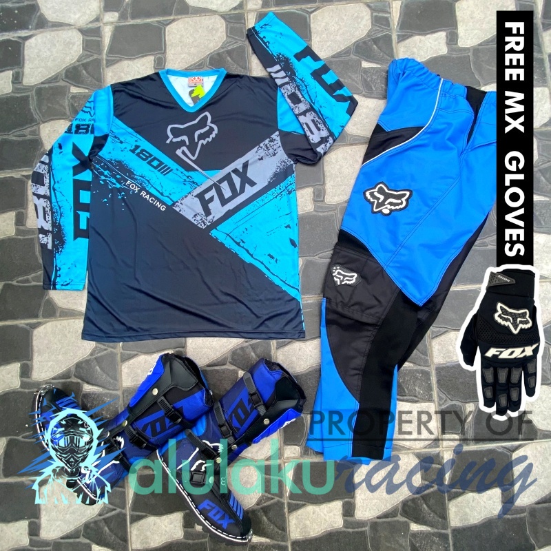 Jersey, Celana, Sarung Tangan &amp; Sepatu Fullprint with Protectors Fullset MX Trail Motocross - Paket Bundling FOCTFG180706-F41