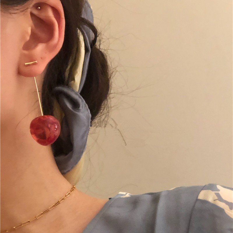 Anting Stud Panjang Desain Buah Cherry Gaya Jepang