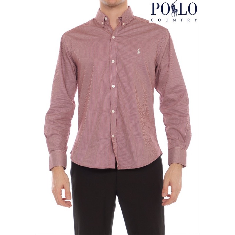 Polo country- kemeja chambray-Oxford pria lengan panjang