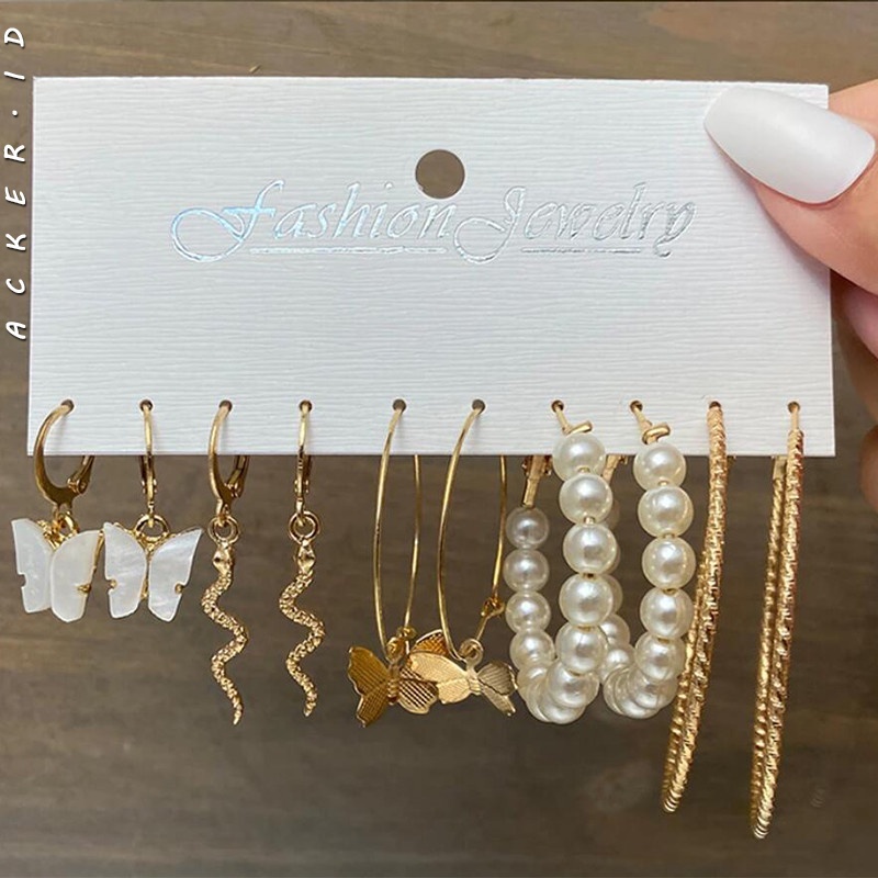 5 Pasang / Set Anting Hoop Desain Butterfly Snake Aksen Mutiara Untuk Aksesoris Wanita