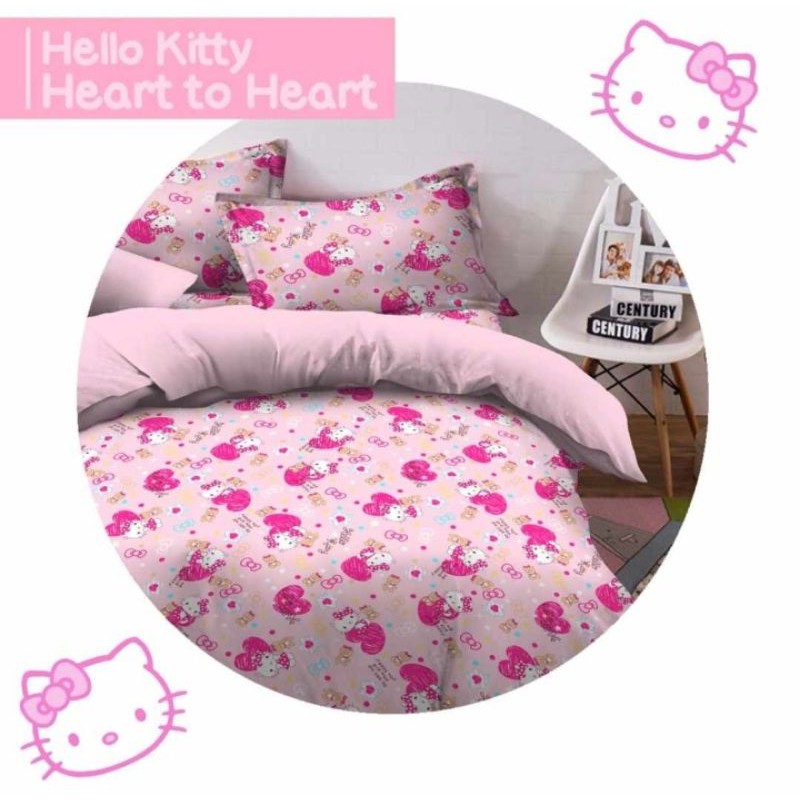 sprei dan badcover set katun lokal star motif HELLO KITTY HEART TO HEART