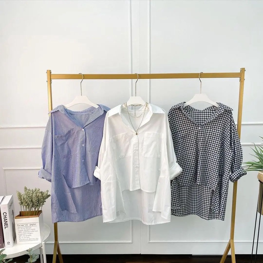 Kemeja Wanita Kasual Pepi Hem Blouse Baju Atasan Kekinian Korean Style Katun Salur Biru Kotak Hitam 