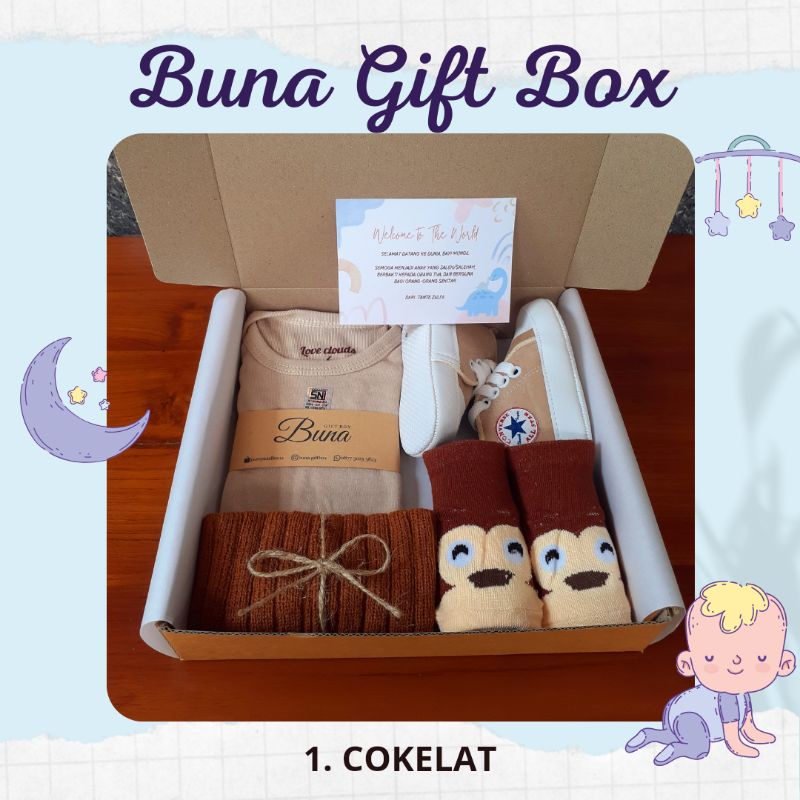 Buna Giftbox / Hampers Bayi / Kado Bayi / Parcel Bayi / Kado Bayi Laki Laki / Kado Bayi Perempuan / Parsel Bayi / Baby gift / Baby Gift Set / Gift Box / Hampers Newborn / Elmer Living-1. COKELAT