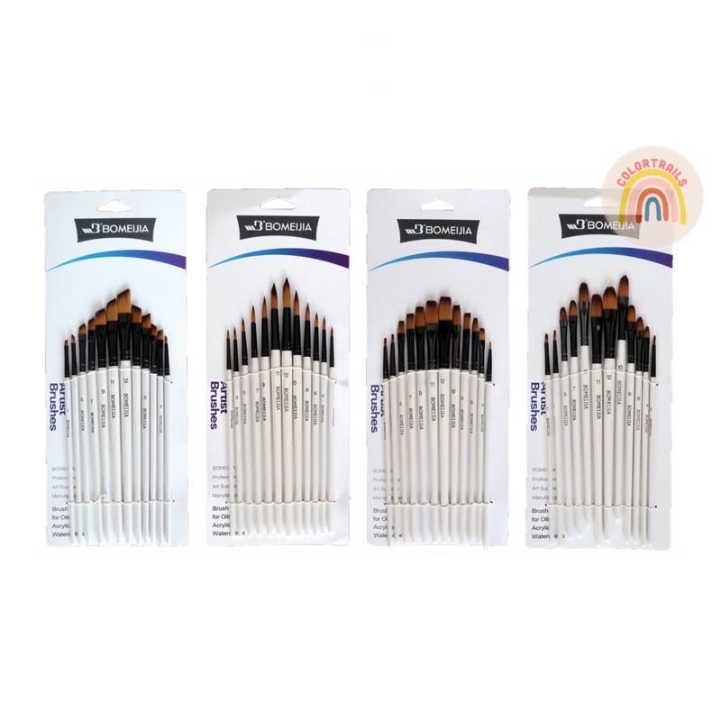 

Bomeijia Artist Short Handle Brush Set 12 Round Filbert Flat Angular Kuas Lukis