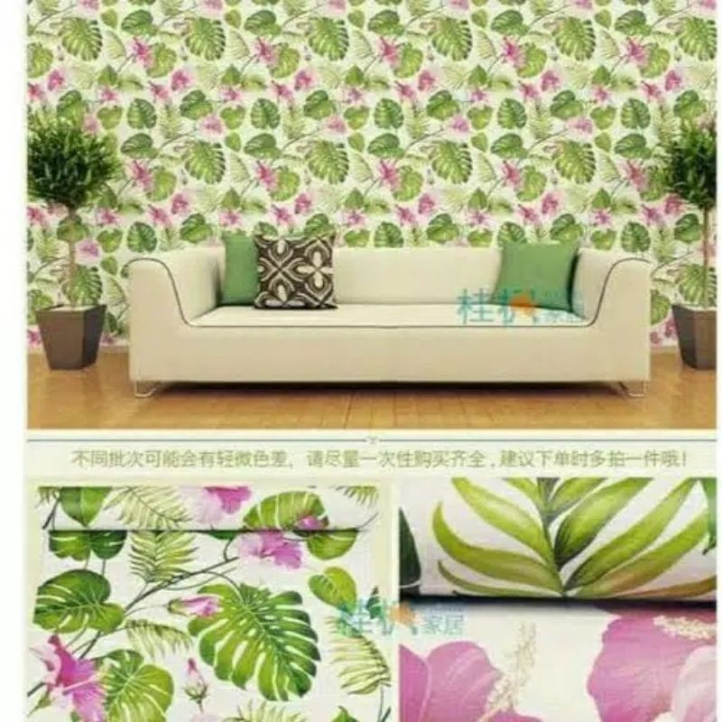 WALLPAPER STIKER DINDING MOTIF DAUN GENJER HIJAU