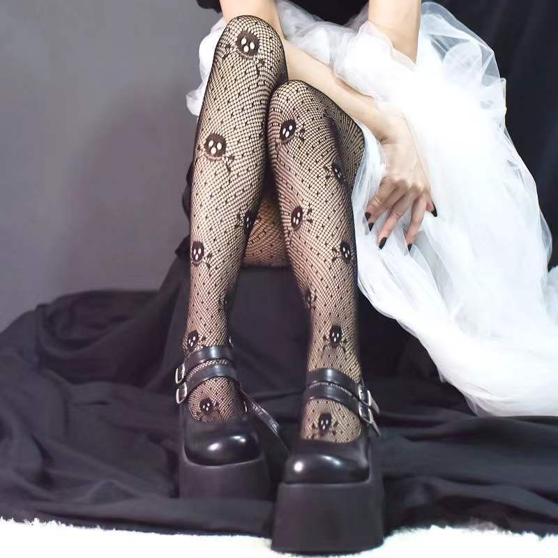 [Goth] Stocking Jaring Wanita Motif Tengkorak Women Fishnet Skull Stocking 8213