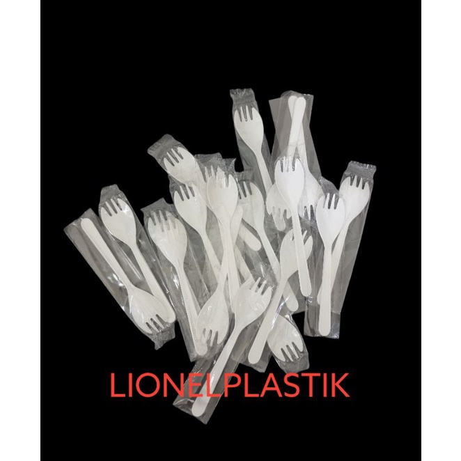 Sendok Plastik 2 in 1 Steril / Sendok Garpu Plastik 2 in 1 Steril Putih isi 100 pcs