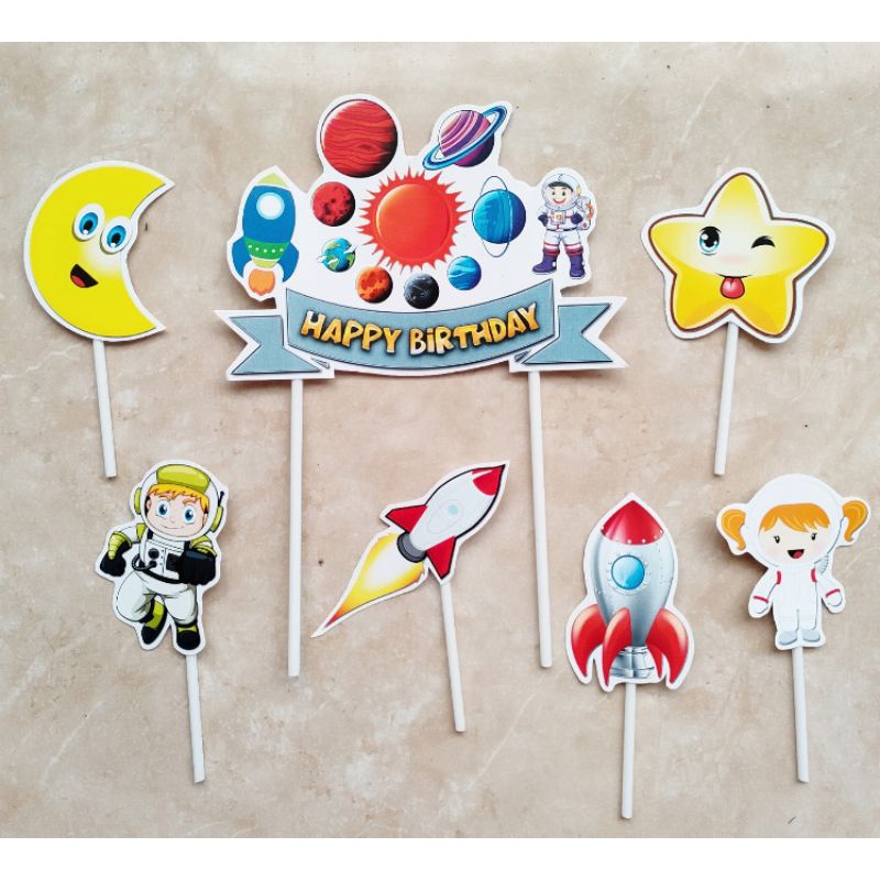 satu set hiasan kue ulang tahun cake topper karakter astronot kids astronot luar angkasa