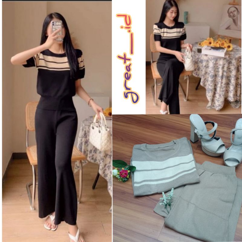 ONE SET RAJUT PREMIUM IMPORT (COD)-Pendek Coklat Strip