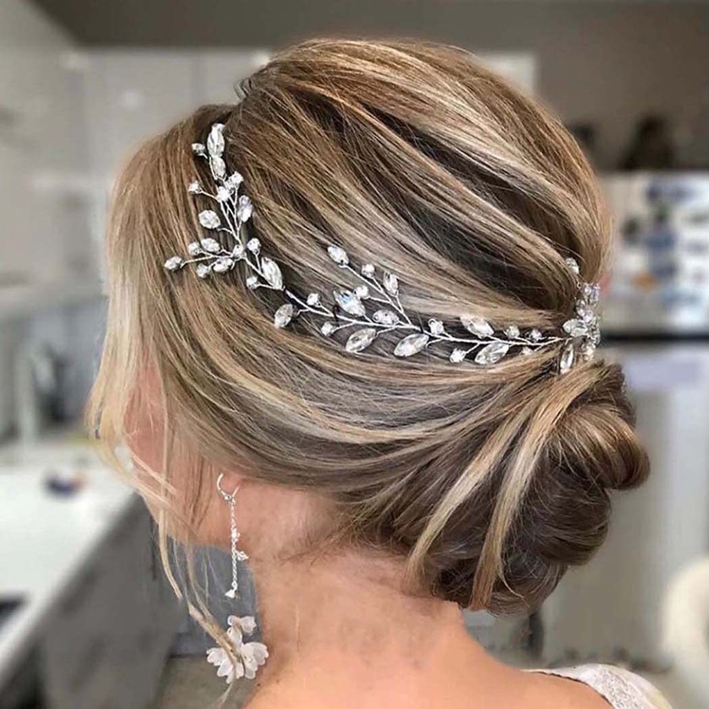 Bando Tiara Desain Daun Silver Hias Kristal Berlian Imitasi Untuk Aksesoris Rambut Pengantin Wanita