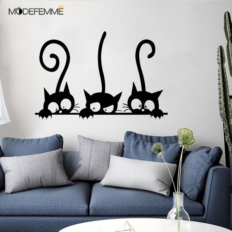 Stiker Dinding Desain Tiga Kucing Hitam Dapat Dilepas Untuk Dekorasi Kamar Tidur