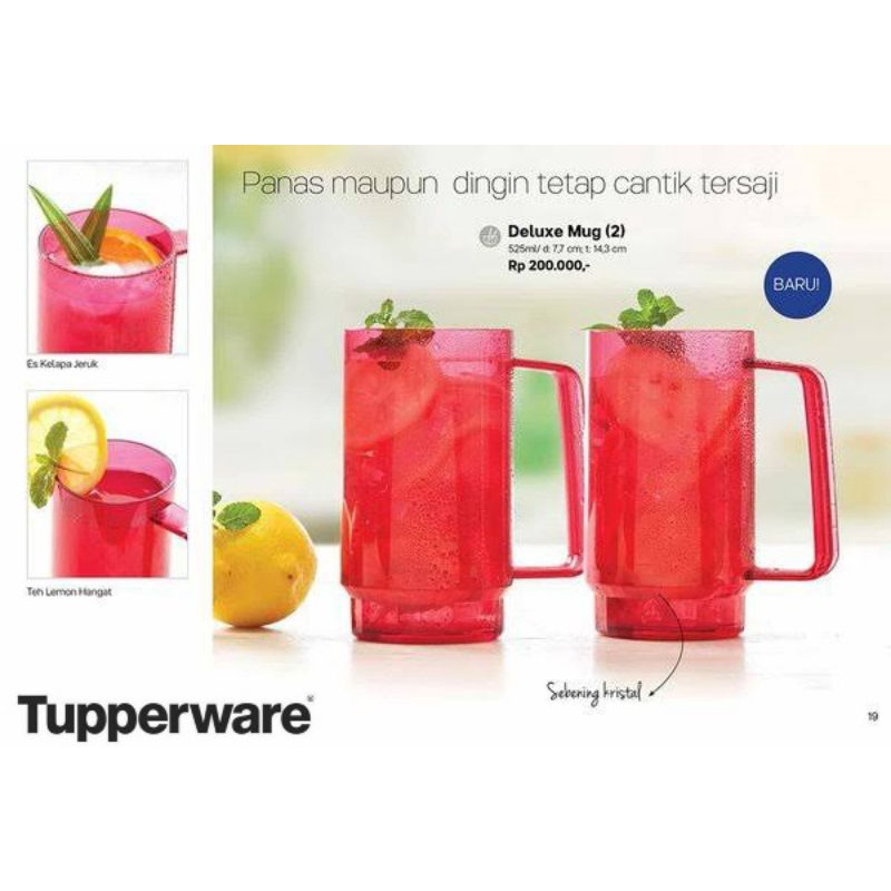 Tupperware Deluxe Mug @525 ml (2 Pcs) - Red Magenta // Crystal Water Glass Anti Pecah