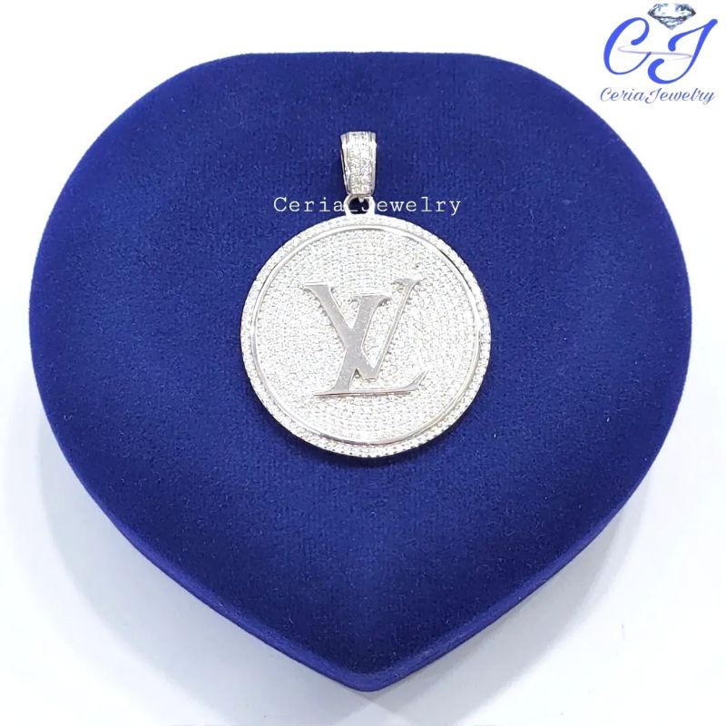 Liontin Perak Asli Silver Wanita 925 Lapis Emas Putih Model Bulat Variasi L V Polos - Perhiasan Perak Wanita Asli