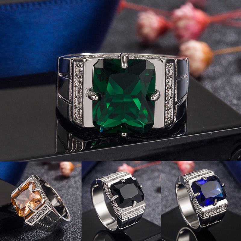 Cincin Pria Bahan Titanium Steel S925 Hias Kristal Berlian Sapphire Emerald Multicolor Untuk Pernikahan