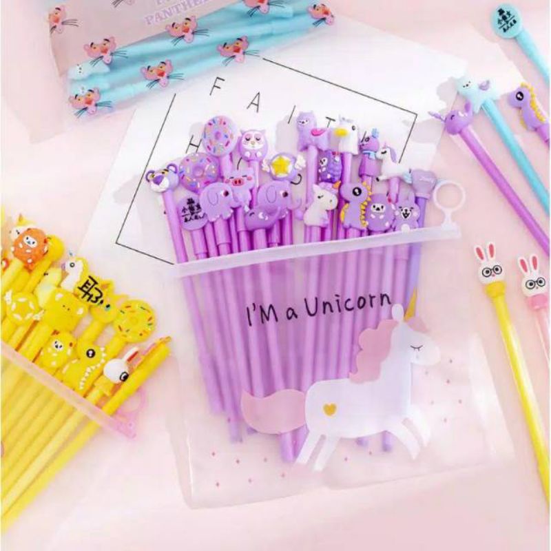 

Pulpen pena gel karakter isi 12pcs/ 1 lusin pulpen free tempat pensil transfaran