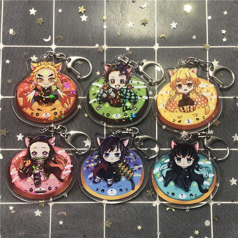 QUINTON Gantungan Kunci Demon Slayer Anime Jepang Acrylic Kimetsu No Yaiba Miniatur Tanjirou Kyoujurou Key Ring