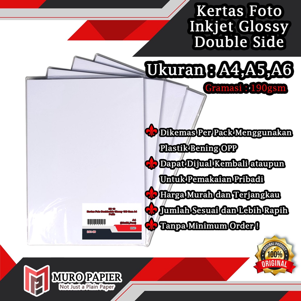 

( PER PAK - ISI 10 ) Kertas Foto Inkjet Glossy Double Side 190 gram A4 A5 A6 - by Muro Papier