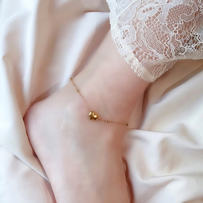 Gelang Kaki Titanium Wanita Manik Hati Anti Karat Emas 18k Perhiasan Korea