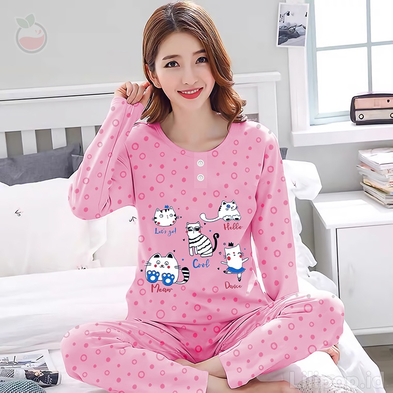 Lilipop.id  Baju Tidur Wanita Cat Celana Panjang PP Allsize Lengan Panjang Baby Doll Bahan Kaos Dewasa