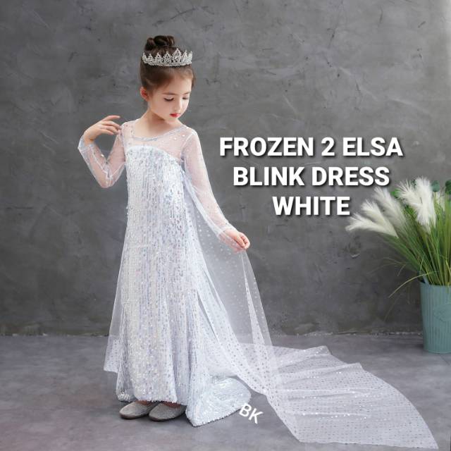 DRESS FROZEN 2 ELSA LENGAN PANJANG BLINK SEQUIN PUTIH / GAUN PRINCESS ANAK / DRES PESTA / LONG DRESS