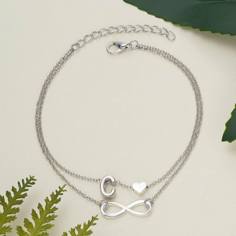 Gelang Kaki Rantai Multi Layer Desain Hati Infinity Inisial Huruf Warna Silver Untuk Wanita