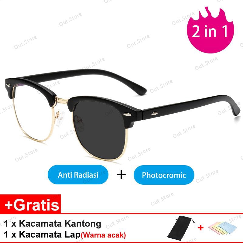 2 in 1 Kaca Mata Photocromic Wanita Pria Anti Radiasi Original Frame Kacamata kaca Mata Komputer