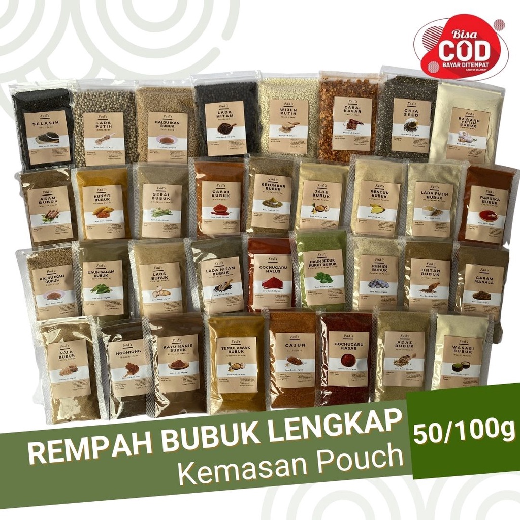 Fad's Bumbu Dapur Bubuk Lengkap 50gr - Rempah Bubuk Lengkap - Adas Asam Bawang Cabai Ngohiong Daun Jeruk Salam Gochugaru Jahe Jintan Kayu Manis Kemiri Kencur Ketumbar Kunyit Lada Hitam Lada Putih Laos Pala Paprika Selasih Serai Temulawak WIjen