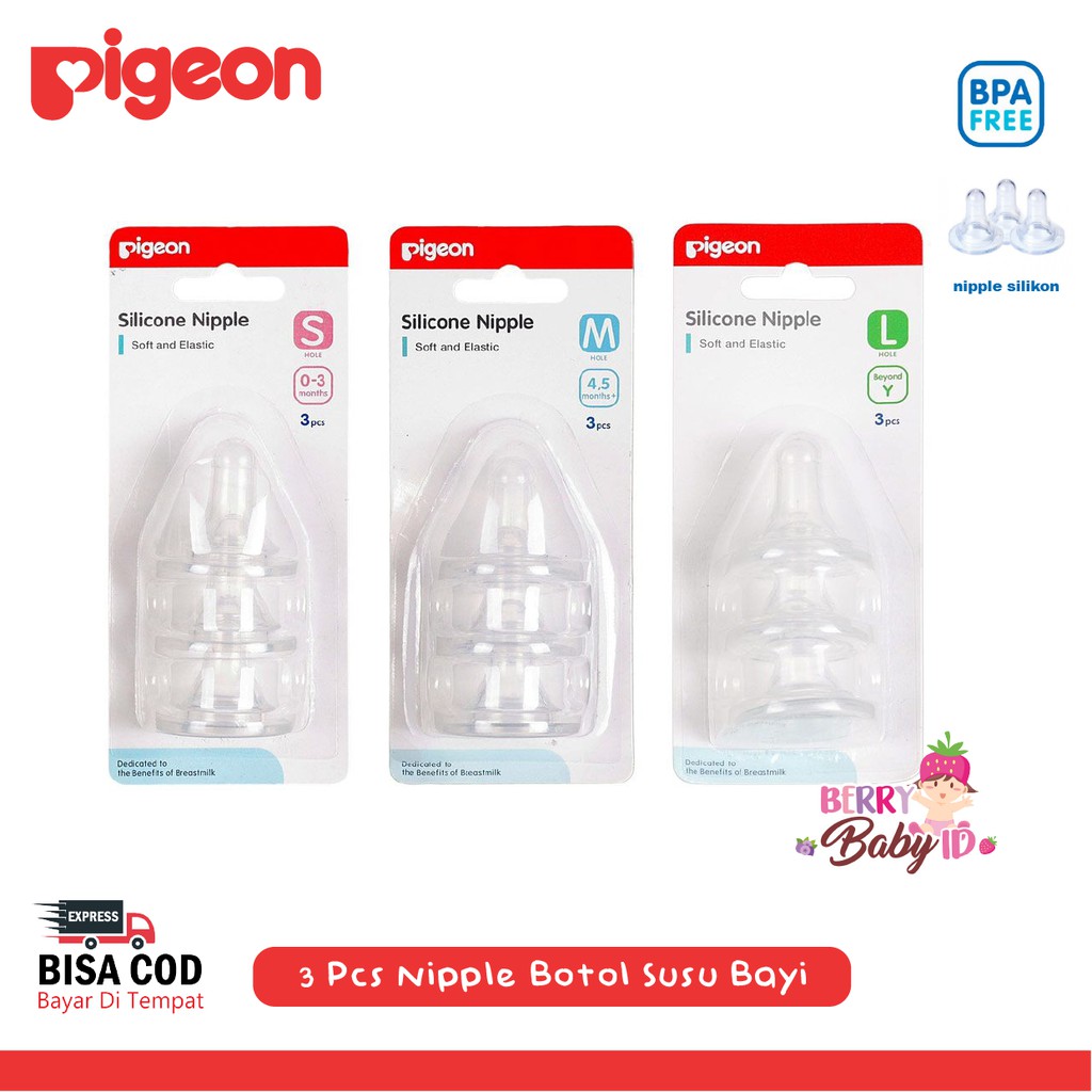 Pigeon Silicone Nipple Dot Teat Botol Susu Bayi Triple Pack Size S M L Berry Mart