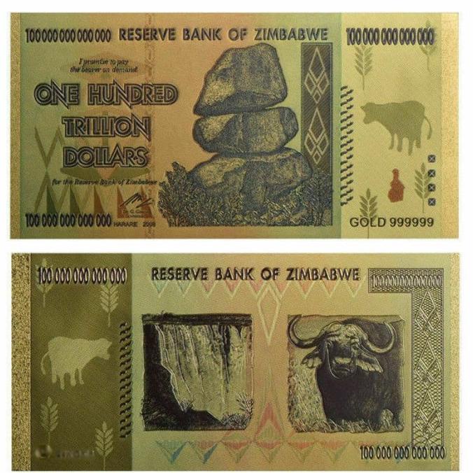 Zimbabwe Gold Foil 100 000 000 000 000 Dollar Souvenir Per 1 Pcs New Collection